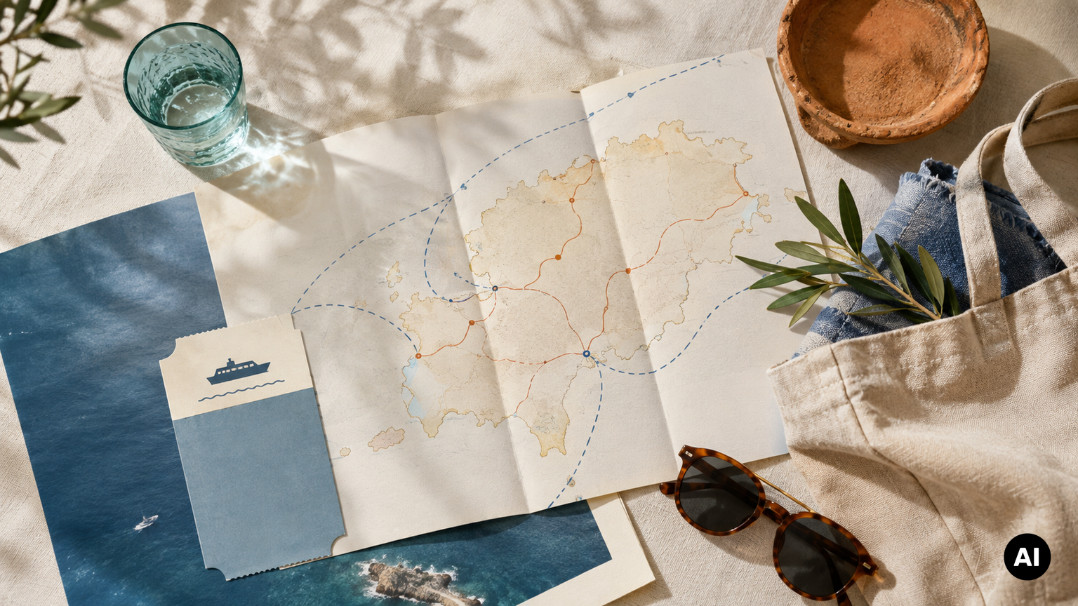 Mesa editorial com mapa e linhas de rota para planear Ibiza